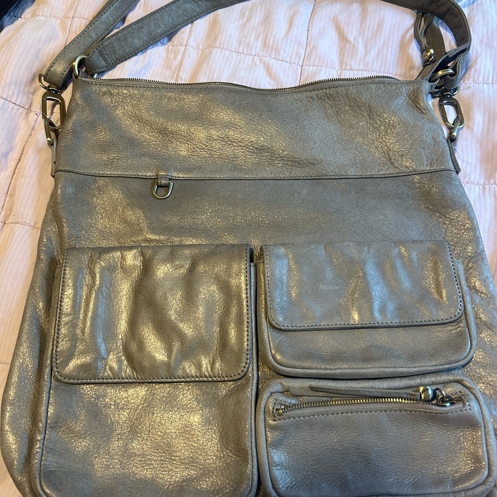 HOBO Metallic Gray Multi-Pocket Leather Shoulder Bag